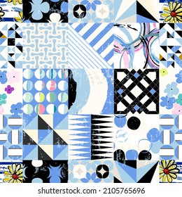 abstract seamless background pattern, with circles, squares, flowersl, paint strokes and splashes