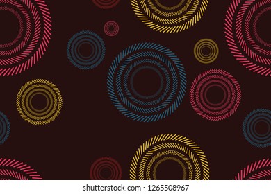 Abstract, seamless background pattern of colorful circles made with short, inclined lines. Modern and vibrant vector art. Pink, yellow and blue colors on dark red.