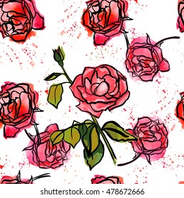 An abstract seamless background pattern with freehand ink and watercolor drawings of rose flowers and buds, and green leaves, with splashes of paint; scalable vector graphic on white background