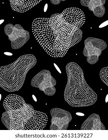 Abstract seamless background or pattern with geometric shapes, dots or spots, lines and strokes. Black and white colors. Vector.	