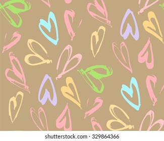 Abstract seamless background pattern with hearts hand painted . Craft paper .