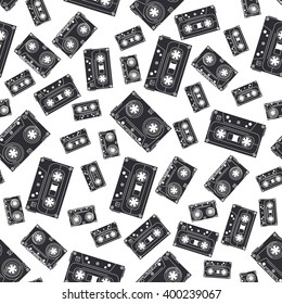 Abstract seamless background pattern in hipster style with audiocassette. Vector illustration texture for design, wallpaper. 
