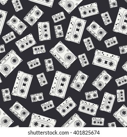 Abstract seamless background pattern in hipster style with audiocassette. Vector illustration texture for design, wallpaper. Audiocassette.