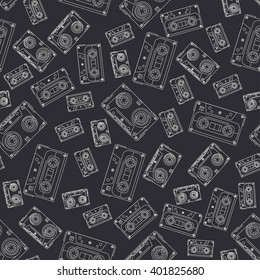 Abstract seamless background pattern in hipster style with audiocassette. Vector illustration texture for design, wallpaper.  Audiocassette.
