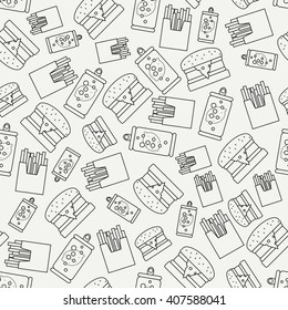 Abstract seamless background pattern in hipster style with fastfood element - french fries, burger, drink. Vector illustration texture for design. Line pattern. Wrapping paper. Scrapbook. Tiling.