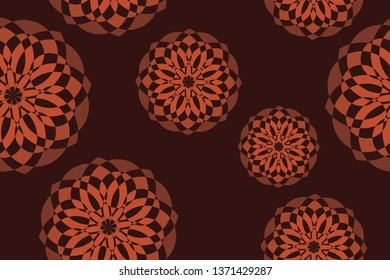 Abstract, seamless background pattern made with geometric shapes forming flower abstraction. Decorative vector art in orange and red colors.