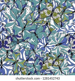 Abstract seamless background. Perfect for wallpapers, web page backgrounds, surface textures, textile. Pictures in white, black and blue colors witg tropical butterflies. Vector butterflies pattern.