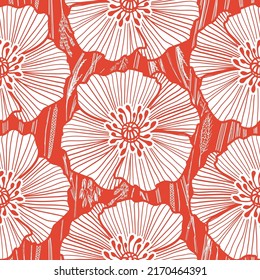 Abstract seamless background print of scarlet red poppy flowers. Vector illustration. Surface pattern design, perfect for textiles, wallpaper, office supplies, packaging, home and garden decoration