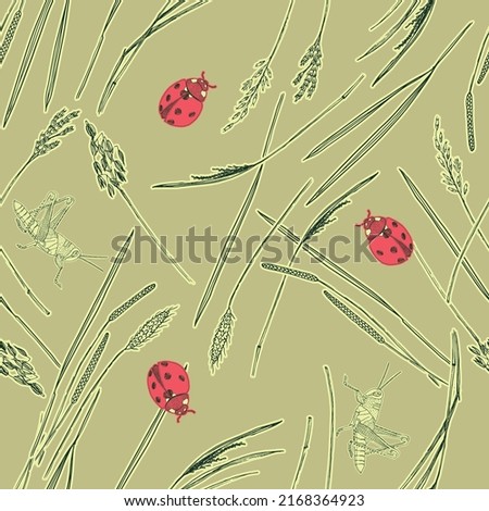 Abstract seamless background print of summer meadow, grasshopper and ladybug. Vector illustration. Surface pattern design, perfect for textiles, wallpaper, office supplies, packaging, home and garden