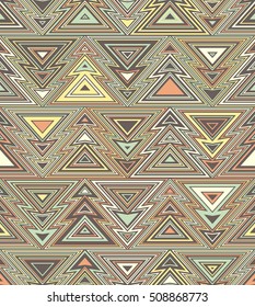 Abstract seamless background. Repeating pattern of Christmas trees in outline linear style. Geometric brown pattern, retro texture, hipster fashion design.