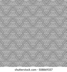 Abstract seamless background. Repeating pattern of Christmas trees in outline linear style. Monochrome geometric pattern, retro texture, hipster fashion design.