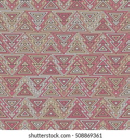 Abstract seamless background. Repeating pattern of Christmas trees in outline linear style. Colorful  geometric pattern, retro texture, hipster fashion design.