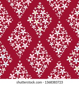 Abstract seamless background with rombus of Sakura flowers. Red theme