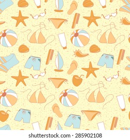 Abstract seamless background set for summer travel on a sandy beach.