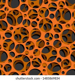 Abstract seamless background of sheet perforating layers and many round holes with shadows on it (in orange tone).