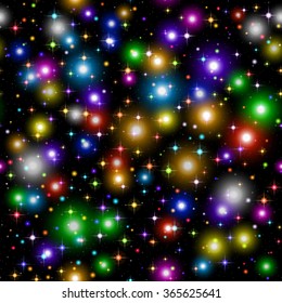 Abstract Seamless Background, Shining Colorful Christmas Sparks and Stars on Black. Eps10, Contains Transparencies. Vector