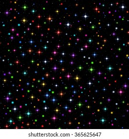 Abstract Seamless Background, Shining Colorful Christmas Sparks and Stars on Black. Eps10, Contains Transparencies. Vector