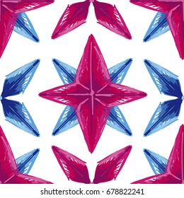 abstract seamless background with sketch style stars, geometric pattern, pink and blue stars on white background, vector illustration