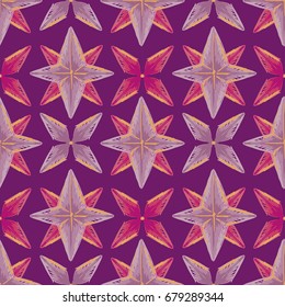 abstract seamless background with sketch style stars, geometric pattern, pink and lilac colors, vector illustration
