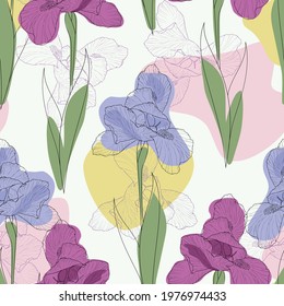 Abstract seamless background with spring flowers irises. Vector design.