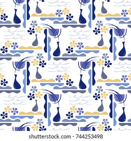 Abstract seamless background with a stylized bouquet of flowers and vases on white. Hand drawn vector illustration