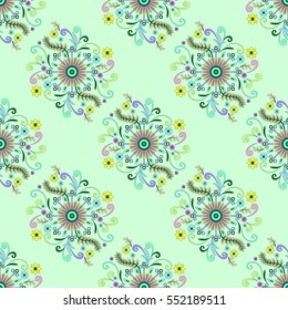 Abstract Seamless Background with Symbolical Colorful Patterns and Floral Ornaments. Vector