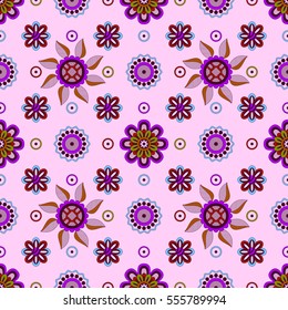 Abstract Seamless Background with Symbolical Colorful Patterns and Floral Ornaments. Vector