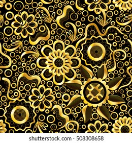 Abstract Seamless Background with Symbolical Gold Floral Patterns, Shining Colorful Ornament, Flowers and Leaves on Black. Eps10, Contains Transparencies. Vector