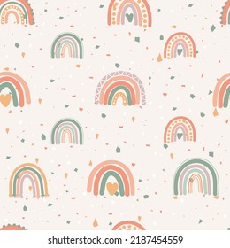 Abstract seamless background with terrazzo and simple geometric rainbows. Simple striped arc bows on a colorful mosaic texture. Children's vector background in scandinavian style in bright