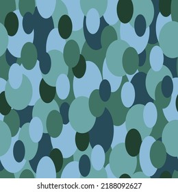 Abstract seamless background texture with different ovals. Blue, navy, green. Like optical camouflage pattern. For fabric, printing, wrapping paper, book cover. Vector design.