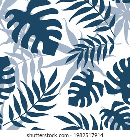 Abstract seamless background with tropical leaves. Minimal design, blue leaves on a white background.