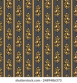 Abstract seamless background with tropical leaves in leopard print and yellow stripes on dark gray background. Vertical striped pattern. For textile, wrapping-paper, cover, home decor, tile. Vector.