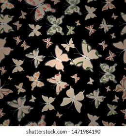Abstract seamless background. Vector. Fashion Fabric Design. Illustration on beige, black and white colors. Butterflies pattern.