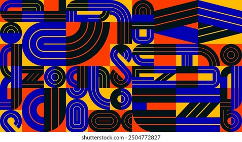 Abstract seamless background, vector geometric tiling pattern in trendy colorful lined style, modern design artistic composition.