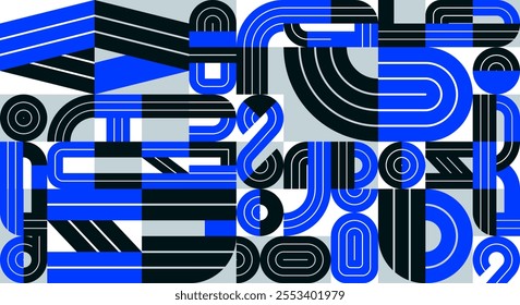 Abstract seamless background, vector geometric tiling pattern in trendy blue lined style, modern design artistic composition.