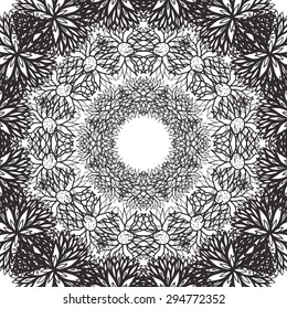 Abstract seamless background, vector illustration. Monochromatic lacy pattern with floral and herbal motifs. 
