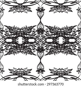 Abstract seamless background, vector illustration. Lacy monochromatic pattern with floral motifs.