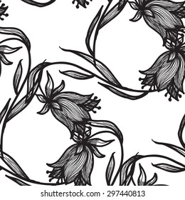 Abstract seamless background, vector illustration. Monochromatic pattern with floral motifs.
