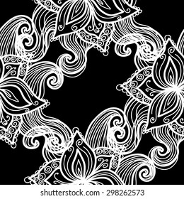 Abstract seamless background, vector illustration. Lacy monochromatic pattern with floral motifs.