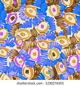 Abstract seamless background. Vector pattern. Repeat doodle elements drawn by felt-tip pen. Circles, lines and hatching. Good for bedding, fabric, textile, wallpaper, wrapping, surface and fashion.