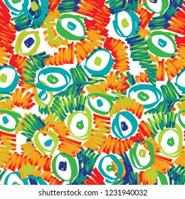 Abstract seamless background. Vector pattern. Repeat doodle elements drawn by felt-tip pen. Circles, lines and hatching. Good for bedding, fabric, textile, wallpaper, wrapping, surface and fashion.