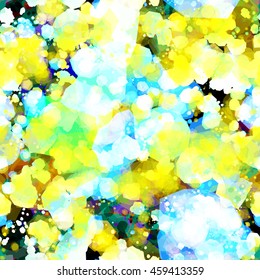 Abstract seamless background with watercolor effect. Spotted pattern. Blots, stains. For fabrics, wallpaper, printing, book cover, home design. The predominance of yellow, blue, white and black.