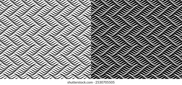 Abstrato fundo sem emenda com ondas. Design de linhas de arte, conceito de mar, impressão ou textura. Linhas pretas em um plano de fundo branco e as mesmas linhas brancas no lado preto.
