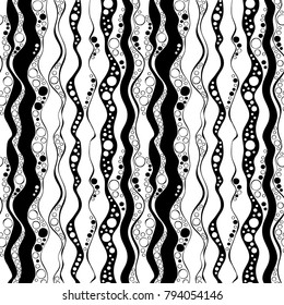 Abstract seamless background. Waves and circles. Black and white print.
