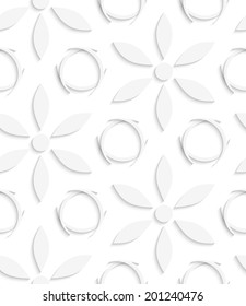 Abstract seamless background. White flowers and circles with cut out paper effect and realistic shadows. 