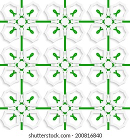 Abstract seamless background.  White geometric ornament with green net and cut out of paper effect.