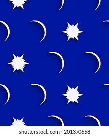 Abstract seamless background. White stars and moons on blue with cut out of paper effect embossed. 