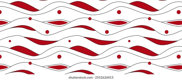 Abstrato fundo sem emenda no estilo zen arte. Um padrão com ondas e círculos no estilo de rabiscar. Modelo branco e vermelho. É adequado para impressão em tecido e papel, papel de parede e cartões postais.