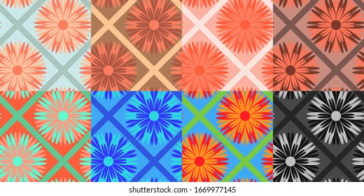Abstract seamless backgrounds with flowers and geometric elements. Vector design illustration for wallpaper, wrapper or tablecloth