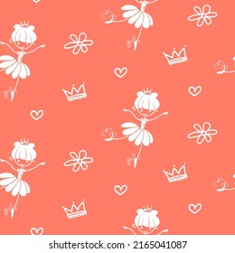 Abstract seamless ballerina pattern. Cartoon ballerinas dancer repeat print with set of flowers, crown, hearts. Dancind wrapping paper